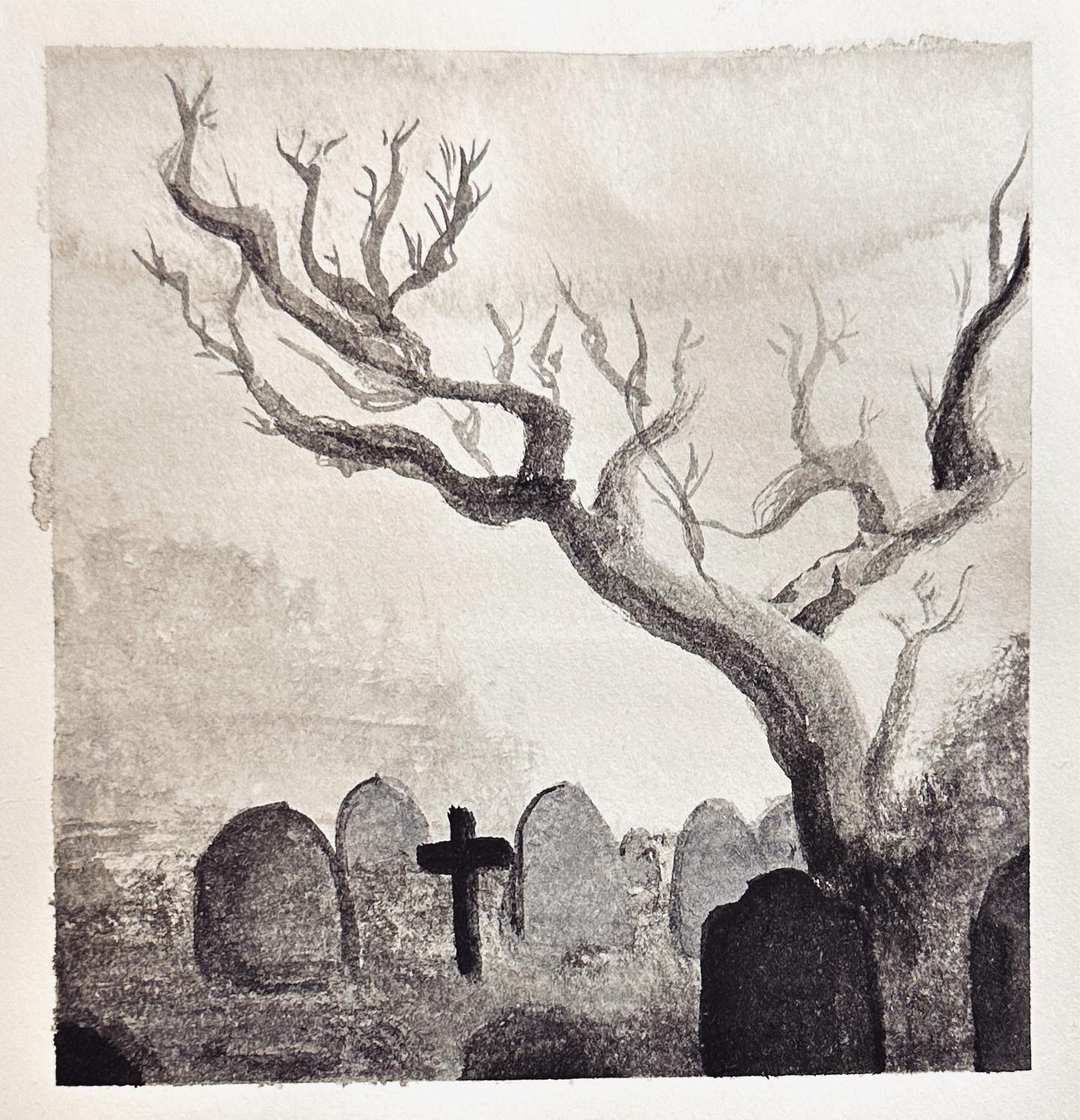 A sprawling tree climbs into the sky. At its roots, tombstones fertilize its life force.