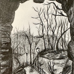 You stand under a bridge, looking out onto a path leading somewhere in a dark forest. Streetlamps light your way.