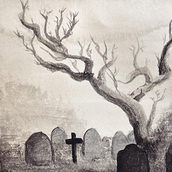 A sprawling tree climbs into the sky. At its roots, tombstones fertilize its life force.