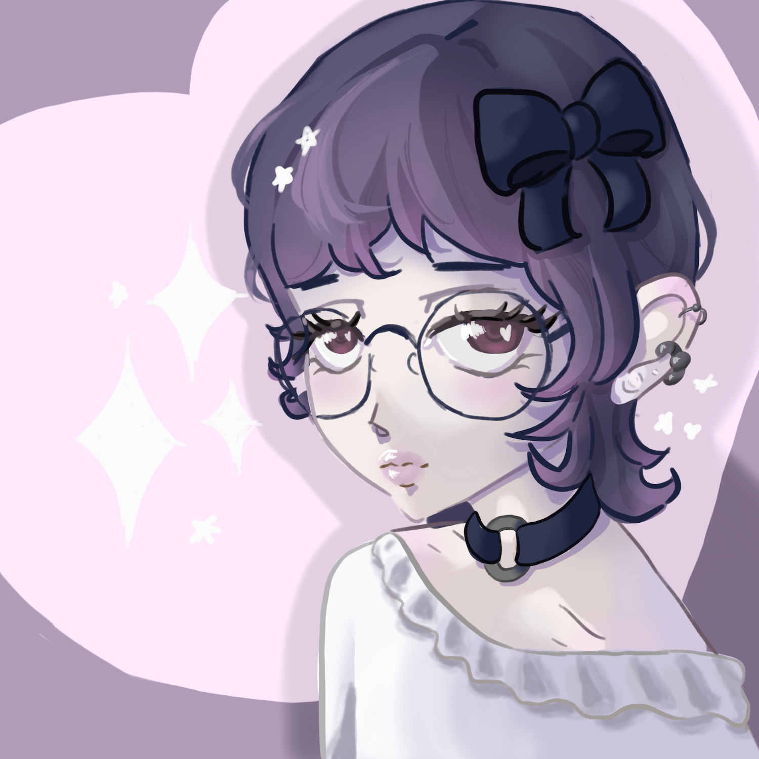 A woman with cropped wavy hair and round glasses stares listlessly at you